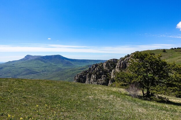 View of the ChatyrDag plateau from the top of the Demerdzhi mountain range in Crimea Russia