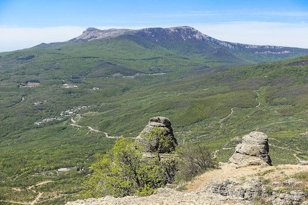 View of the ChatyrDag plateau from the top of the Demerdzhi mountain range in Crimea Russia