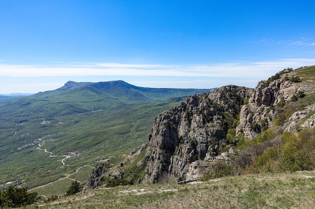 View of the ChatyrDag plateau from the top of the Demerdzhi mountain range in Crimea Russia