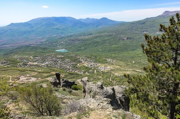 View of the ChatyrDag plateau from the top of the Demerdzhi mountain range in Crimea Russia