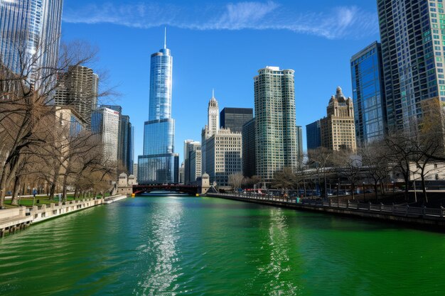 View of chicago city with the river dyed green for st patricks day celebration