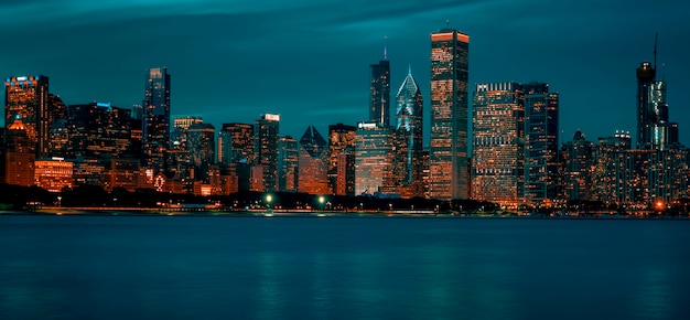 View of Chicago skyline by night, USA.