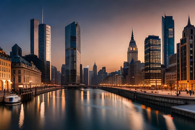 A view of the chicago skyline at sunset