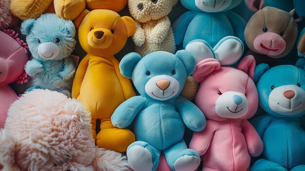 Photo above view of childrens plush small teddy bears with clever decorations on the ground against a blue background with top view generative ai