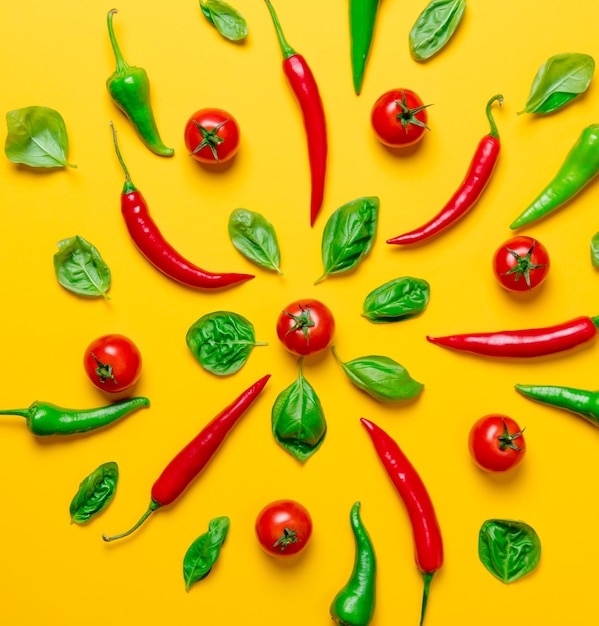 Above view at Chili pepper and tomatoes with basil on yellow background