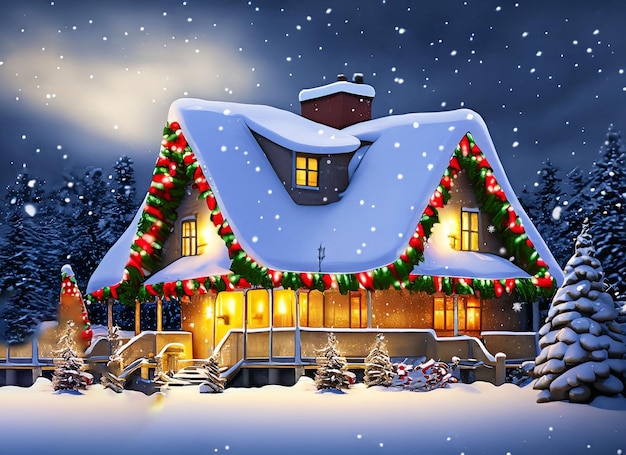 View of christmas decorated house in snow snow