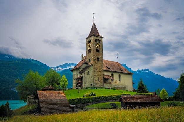 View of the church in the town of Brienz in the canton of Bern Switzerland