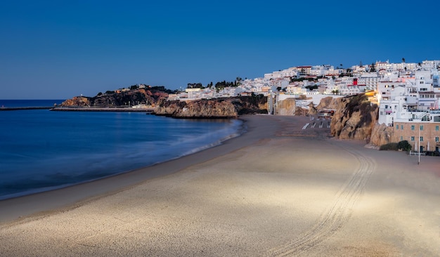 View of the city of Albufeira and the fishermen's beach golden hour