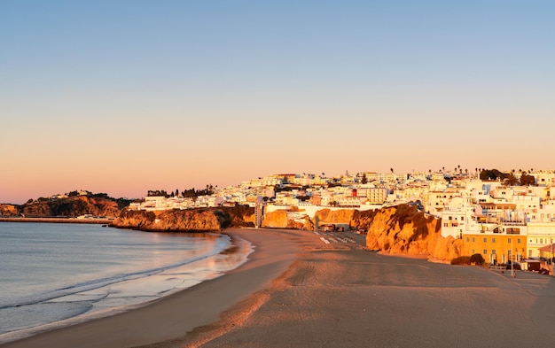 View of the city of Albufeira and the fishermen's beach golden hour