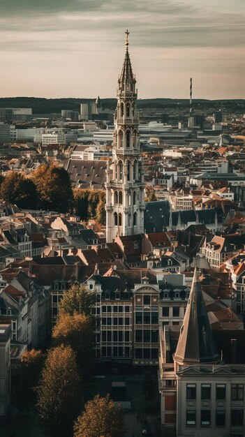 A view of the city of amsterdam with the sun setting behind it.