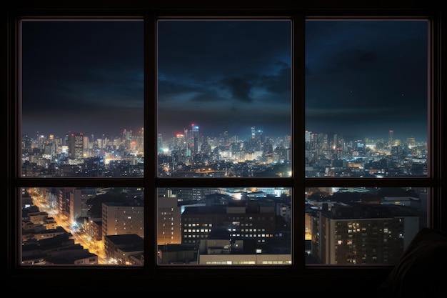 Photo view of city buildings at night from a glass window