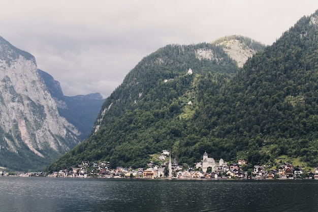 View of the city by the lake in the mountains