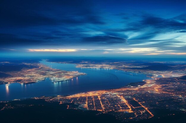 a view of a city from an airplane with a river and a city in the background