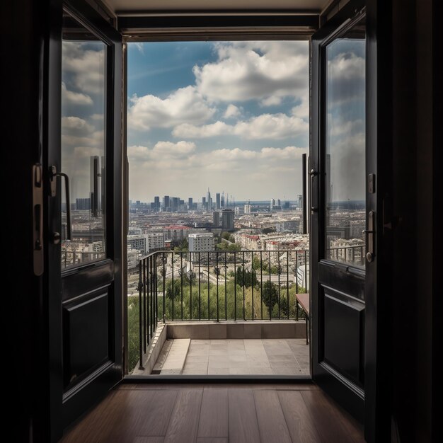 A view of a city from a balcony with a door open to a balcony with a view of the city