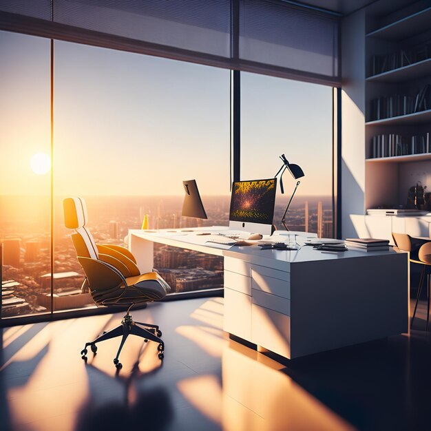 A view of a city from a desk with a computer on it.