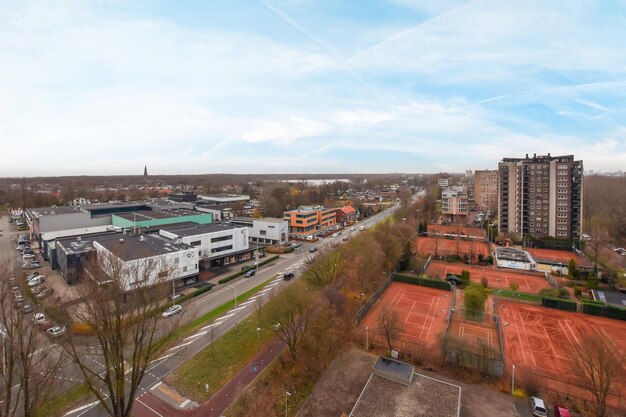 A view of a city from a high rise building