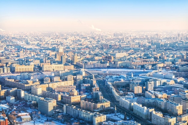 View of the city from the observation deck and the highrise of the Ministry of Foreign Affairs Moscow City