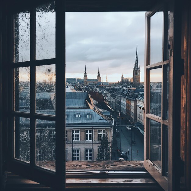 A view of the city from an open window for hotel advertisment