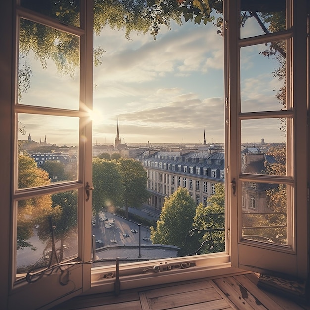 A view of the city from an open window for hotel advertisment