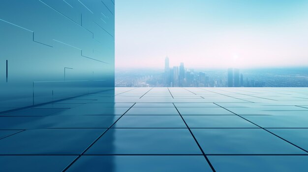 A view of a city from a pool with a blue tile floor and a blue tile floor