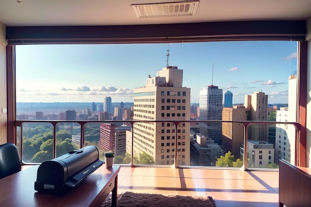 Foto una vista di una città da una stanza con una scrivania e una tv