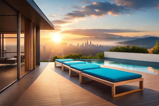 A view of the city from the terrace of a hotel with a pool and a view of the city.