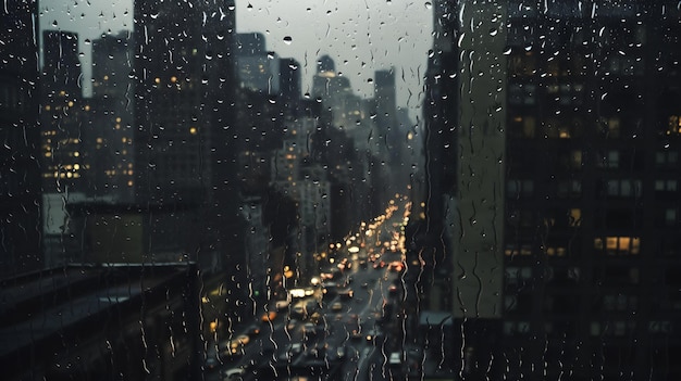 비가 내리는 창문에서 도시의 전망