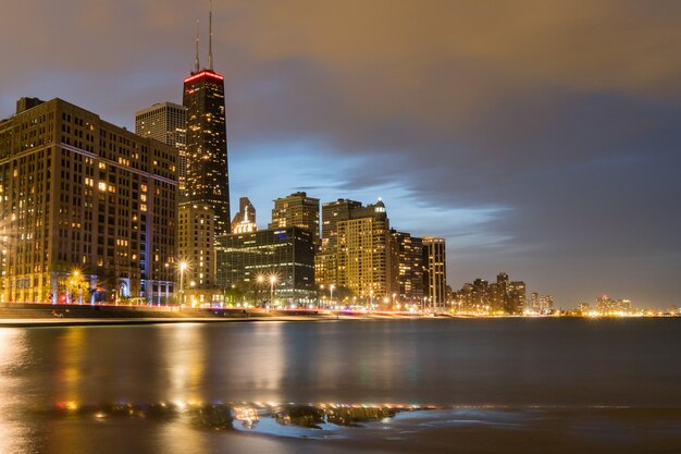 View of city lit up at night