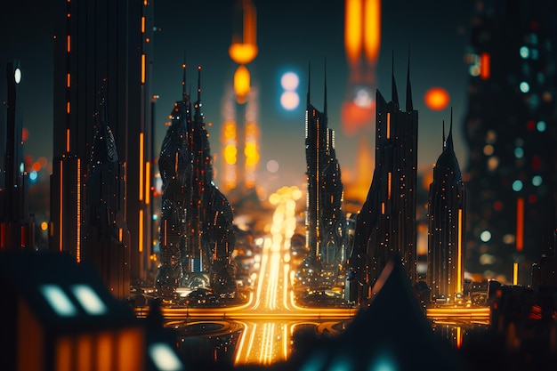 View of city at night from high point of view of street Generative AI