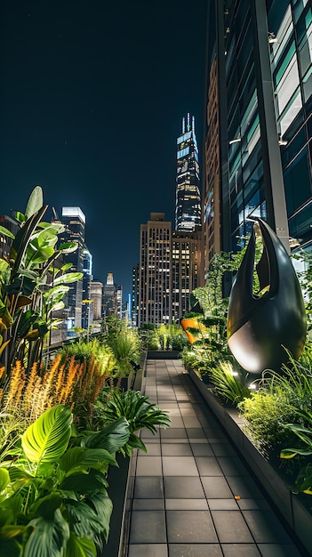 a view of a city at night from a rooftop garden