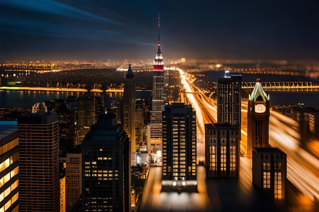 A view of the city at night with a clock on the top