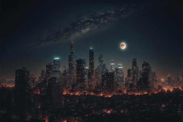 View of a city at night with the moon in the sky generative ai