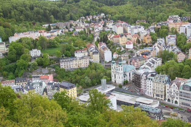 A view of the city of salzburg from the top of a hill.