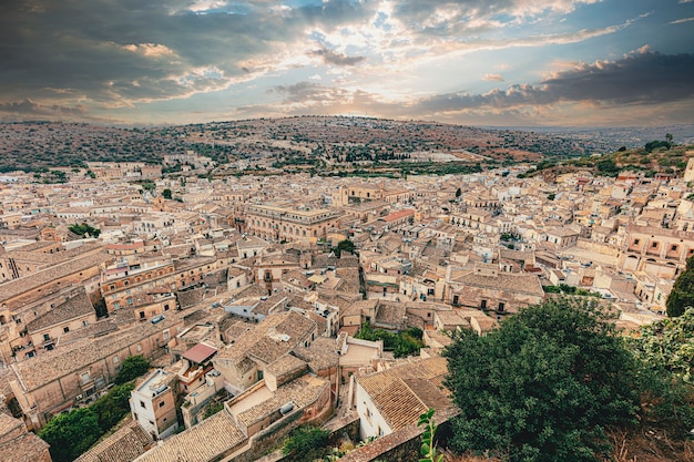 View of the city of Scicli in Sicily at sunset. Italy.