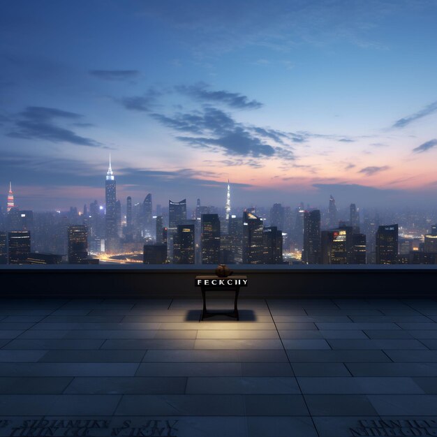 A view of the city skyline from a rooftop with the word call on it