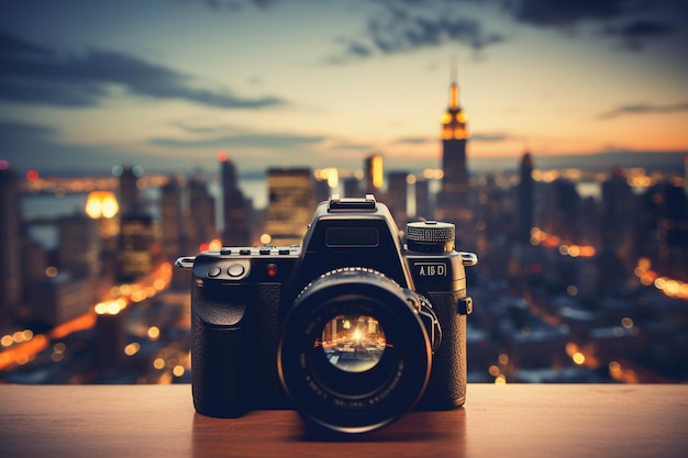 Foto vista dello skyline della città con la telecamera sfocata