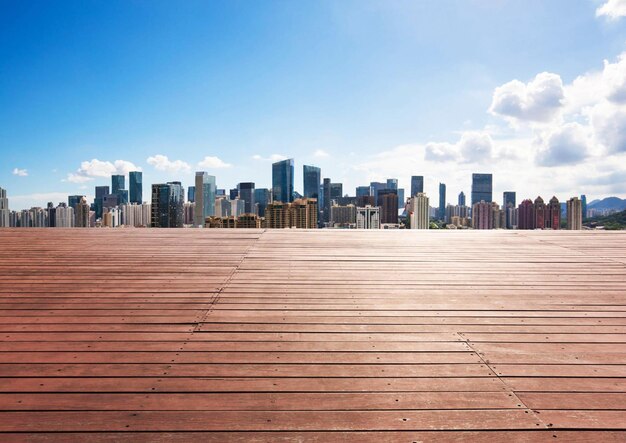 A view of a city skyline with a red wooden floor and a wooden plank that says'i love you '