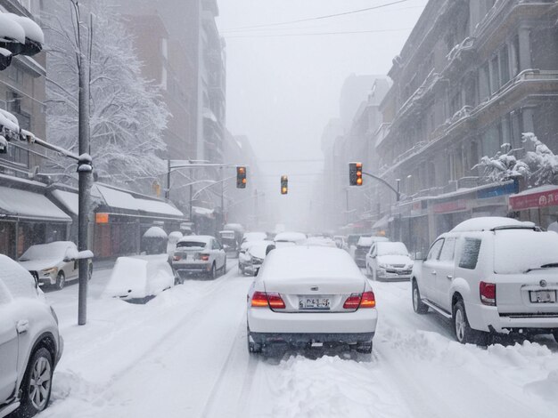 Foto vista di una strada della città coperta di neve in inverno