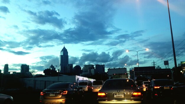 View of city street at dusk