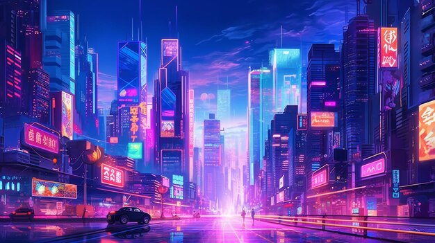 a view of a city street with neon lights and a car generative ai