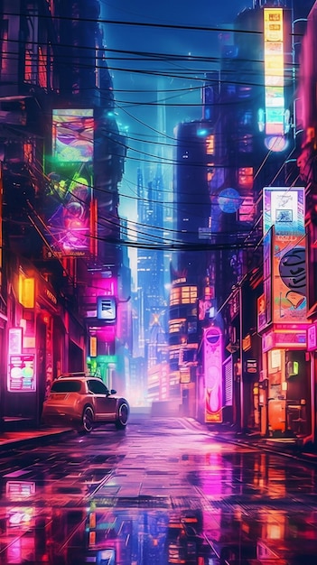 A view of a city street with neon signs and cars generative ai