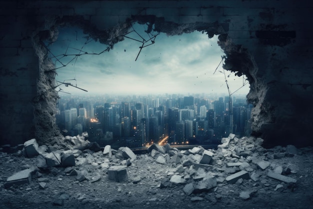 建物の穴を通って街の景色 破壊コマ爆弾の効果