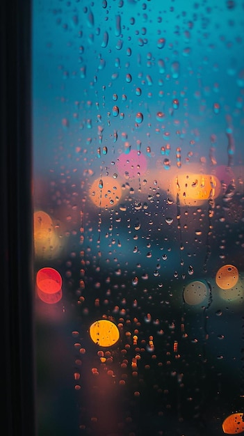 비가 오는 창문을 통해 도시의 전망