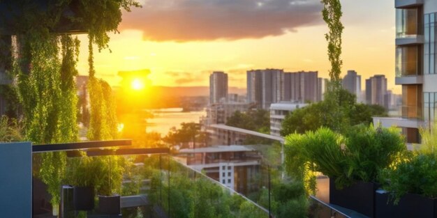 View of city with apartment buildings with green vegetation plants trees on the balcony and terrace