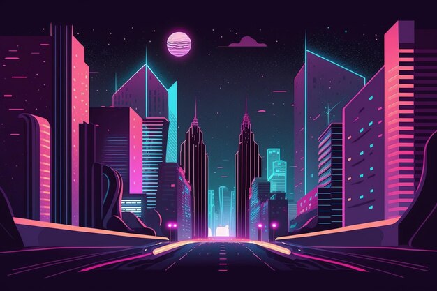 A view of a city with a neon street and a full moon generative ai