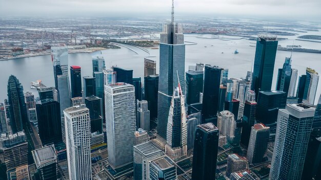 前景に超高層ビル、背景に水域のある都市の眺め。