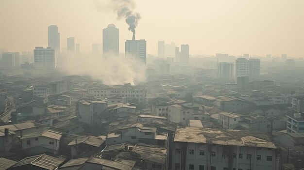 Вид на город с дымовой трубой на переднем плане.