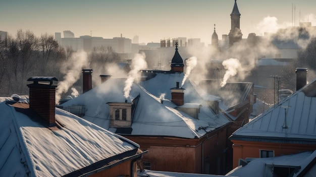 雪の屋根と時計塔を背景にした建物のある街の景色
