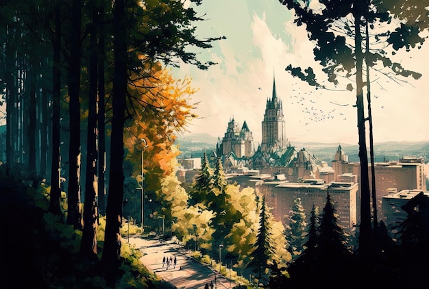Вид на город с деревьями и зданиями