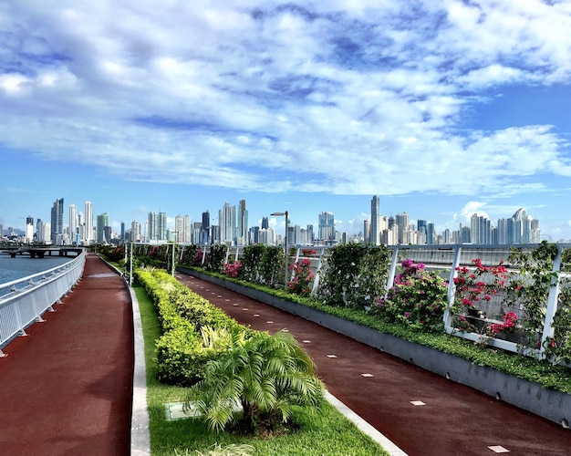 View of cityscape against cloudy sky